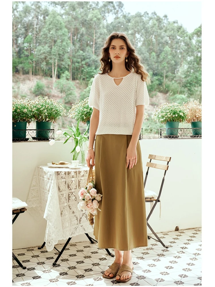 OLrain-jerséis de punto con cuello en V francés para mujer, Tops holgados de manga corta con perlas y cuello redondo, verano 2025, O24XZ92208