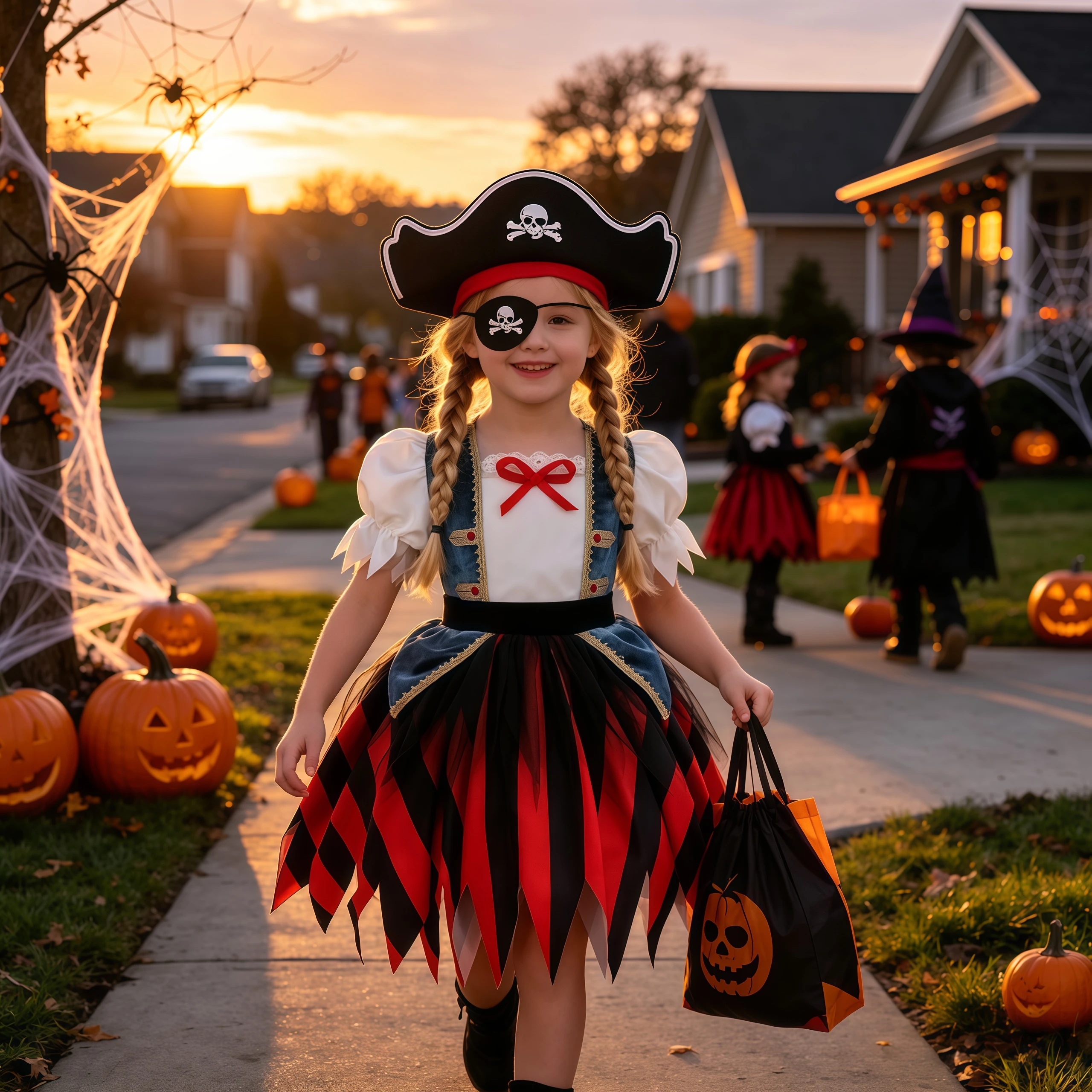Fancy Pirate Costume Girls Striped Dress With Accessories For Children Themed Party Kids Halloween Carnival Performance Dress Up