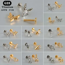 1PC G23 Titanium Zircon Labret Flat Back Cross Flower Cute Deer Ear Lobe Helix Tragus Earring Piercing Jewelry 16Gx8mm