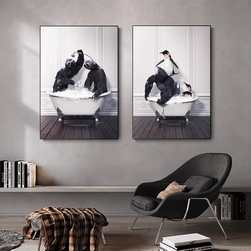 Funny Animals Penguin Dolphin Sloth Giraffe Playing In Bathtub Poster Print Canvas Painting Nordic Wall Art Bathroom Home Decor