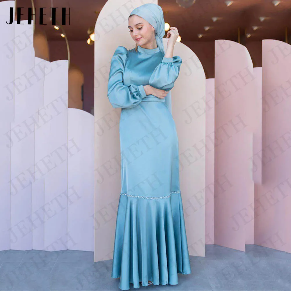 JEHETH abiti da sera musulmani arabo per le donne Blue Satin Puff maniche lunghe abiti da ballo sirena abito per occasioni formali slimnensensensensensive Abiti da sera musulmani arabi per le donne  Blu raso Puff manic