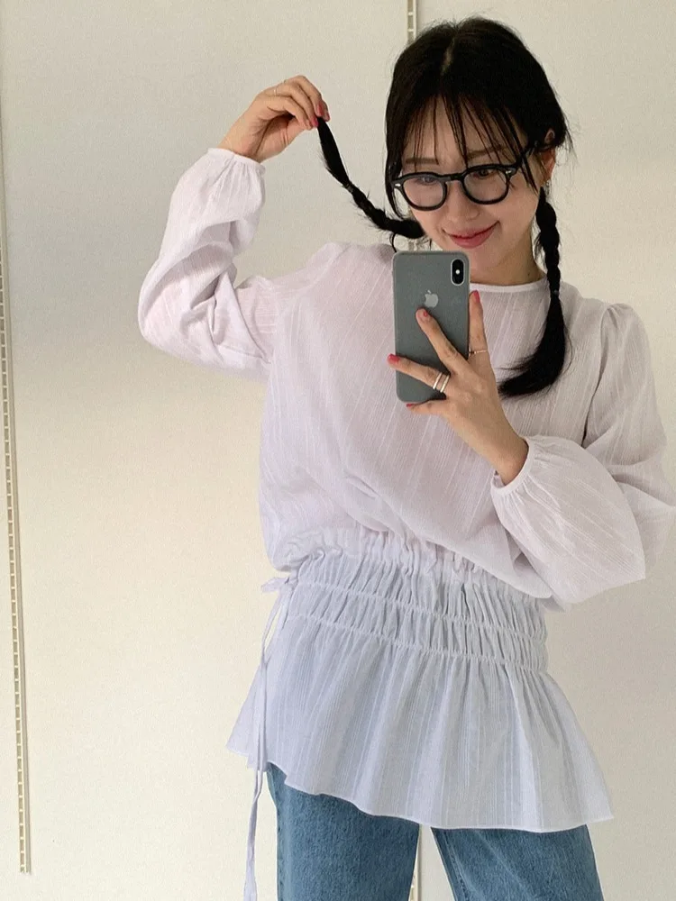 

Elegant round Neck Belted Slimming Women's Shirt Chic Age-Defying Design Korean Style Long Sleeve Polyester Fiber Spring