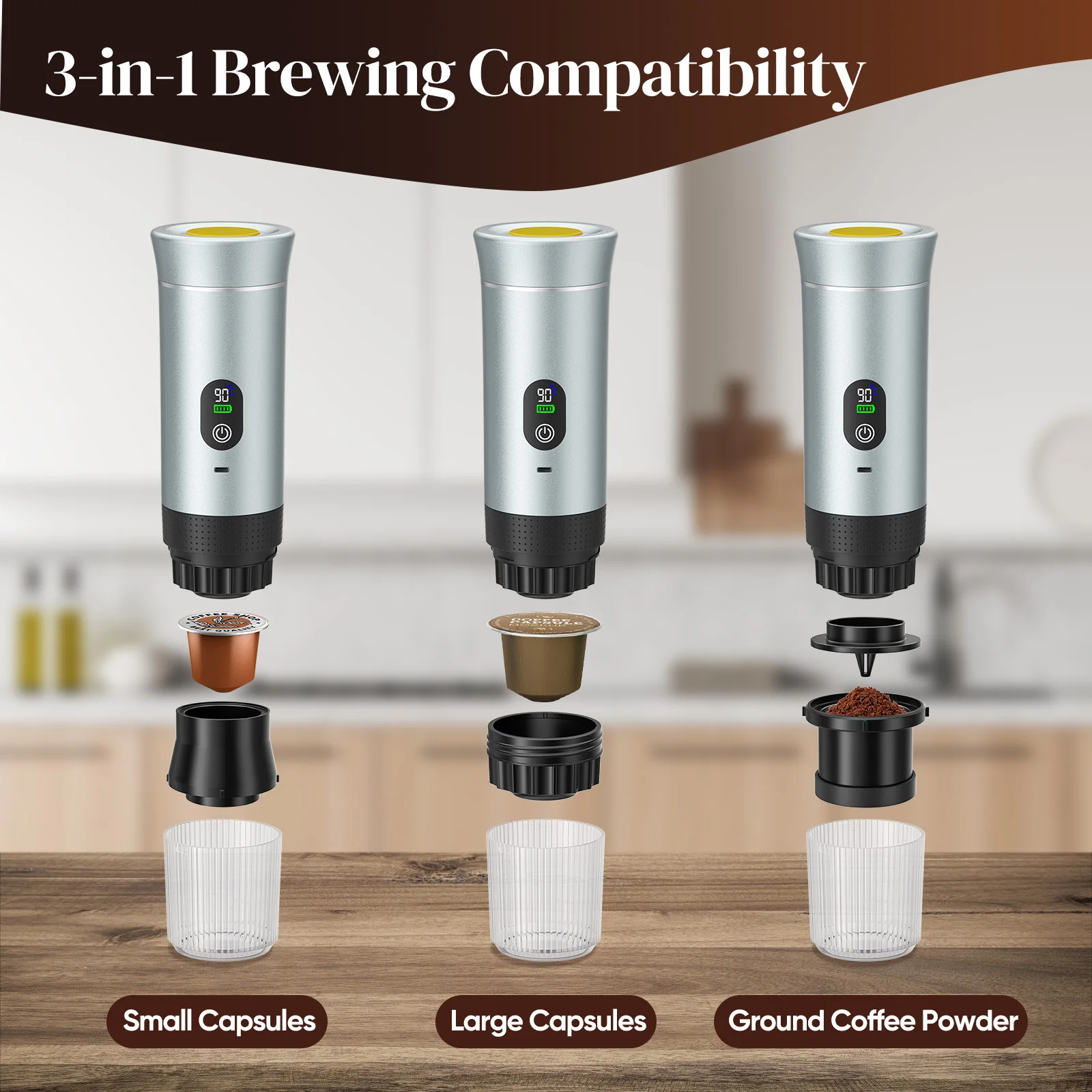 Tragbare elektrische Espressomaschinenkapsel, kompatibel mit Kaffeekapseln/Kaffeepulver, sofortige Erwärmung für Autoreisen im Freien