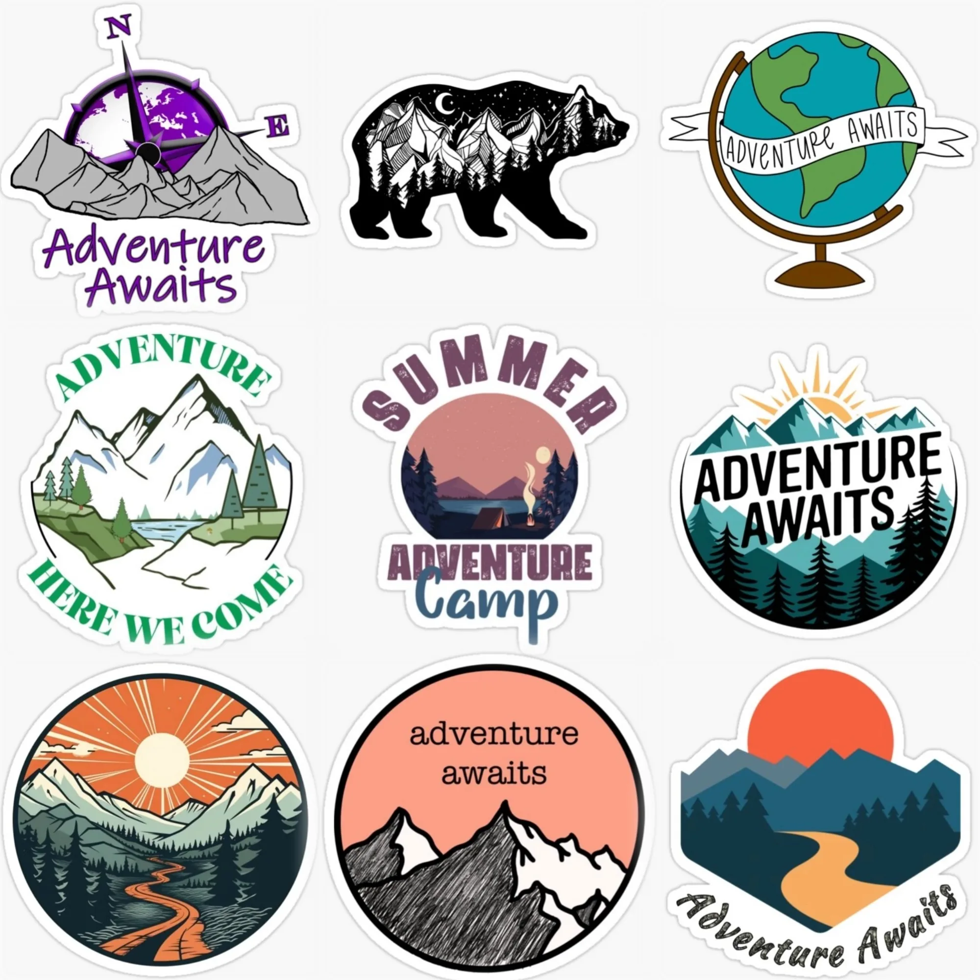 

Adventure Awaits Travel Mountain Camping Creative Sticker for Decorate Car Van Motorcycle Bumper Window Helmet Decal Accessories