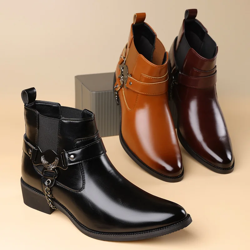 

Brand Men Boots Fashion Pointed Leather Booties British Style Business Ankle Boots Lacquer Leather High Top Boot Men Dress Boots