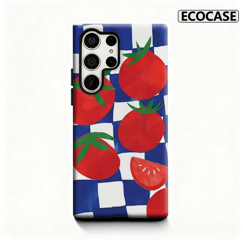 Schachbrett-Tomaten-Kunst-Handyhülle für Samsung Galaxy S25 Ultra S24 S23 Ultra Plus, glänzende doppellagige Rückseite