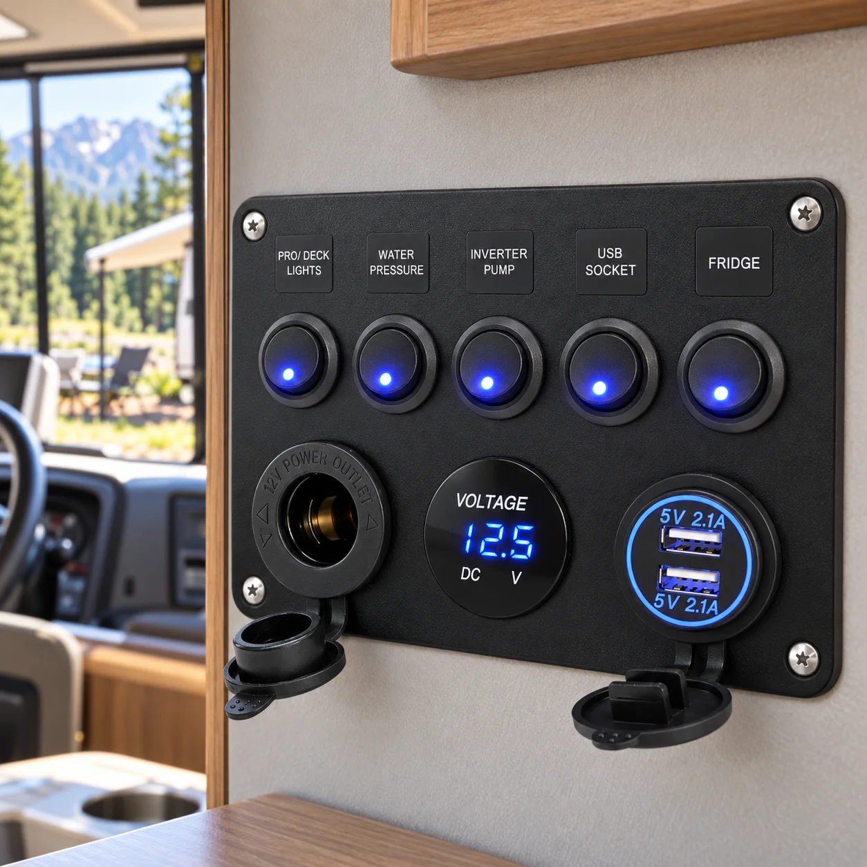 Dual USB Charger Panel for 12V to 24V with LED Digital Voltmeter and Toggle Switch in Waterproof Body for Cars Boats and Trucks