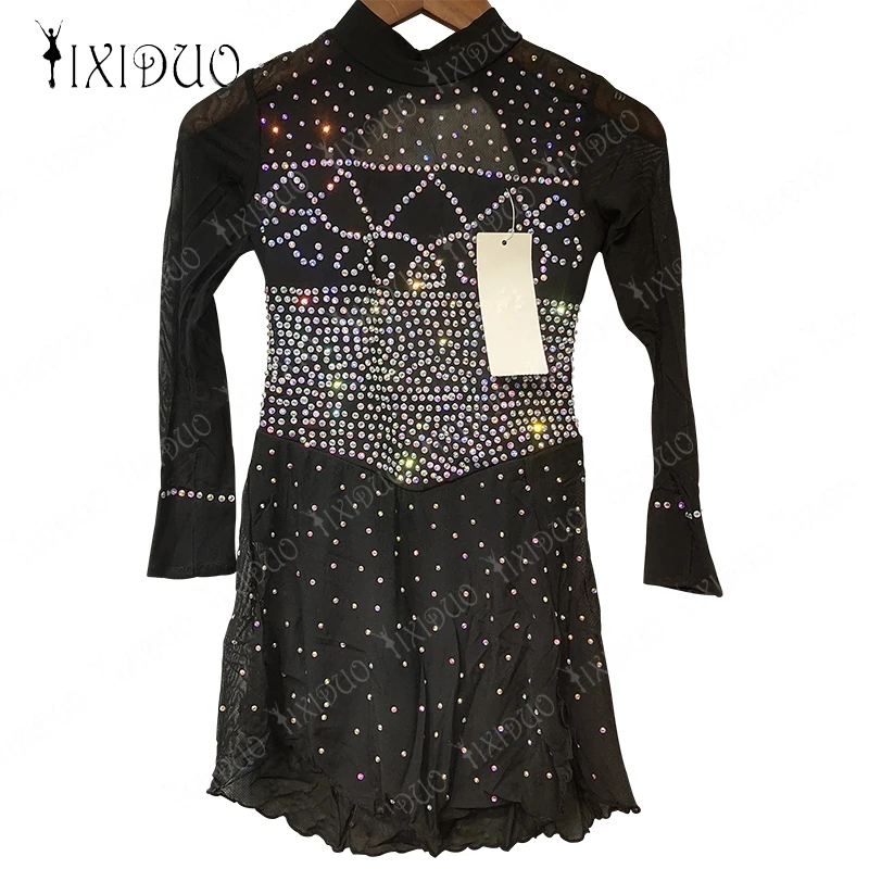 Justaucorps Aqthmique à manches longues pour femmes et filles, robe de patinage artistique, jupe noire brillante, bijoux faits à la main, performance sur scène