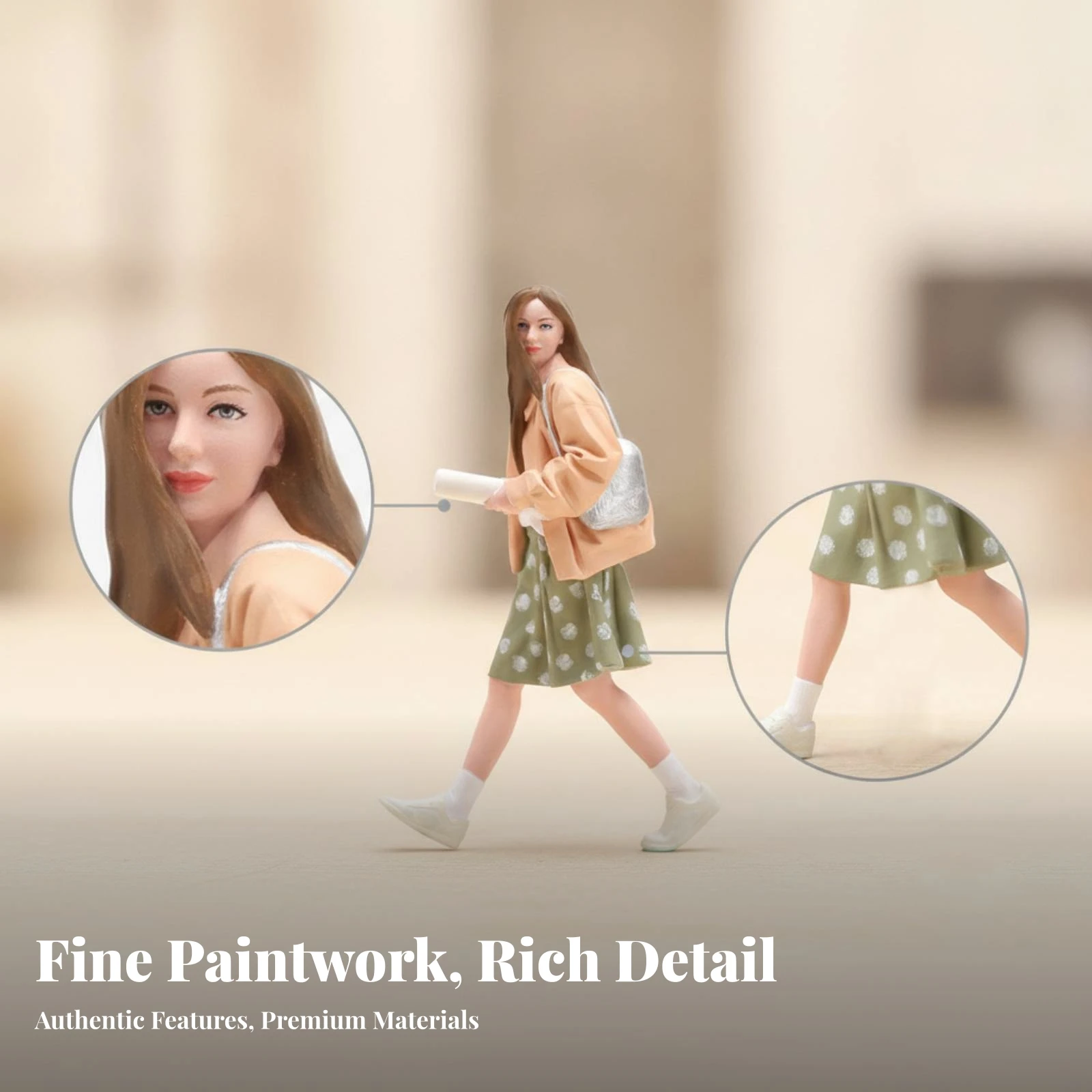 Female Figurine Painted Details Collectible Display Prop Standing-Walking Figurine Shoulder Bag Model Decoration for Diorama