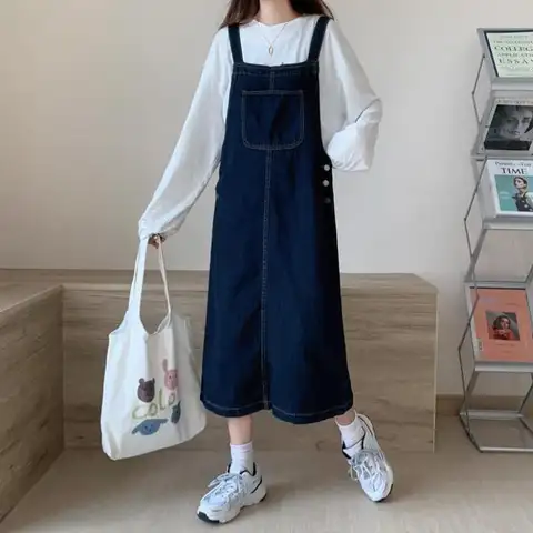 Vår Sommar Denimklänning Dam Lösa Spaghettibandsklänningar Mode Enfärgad Split Casual Ärmlös Jeansklänningar Flickor 8 best sales Koreansk klänning - №6