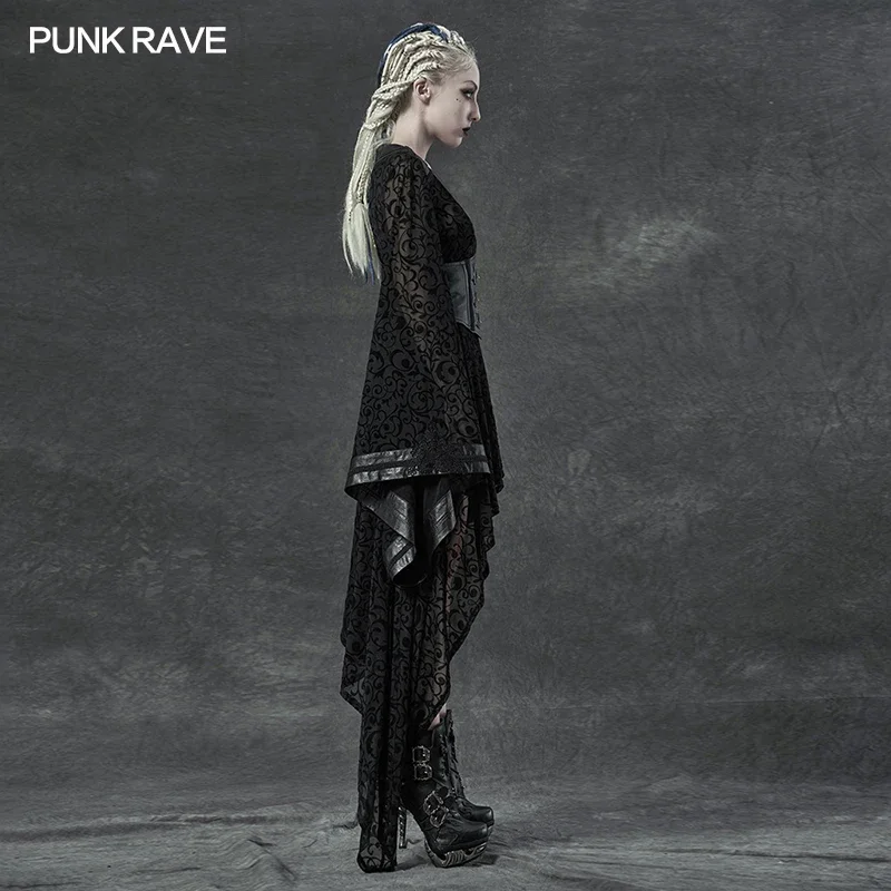 PUNK RAVE Women\'s Gothic Asymmetrical Flocking Net Kimono Delicate Gorgeous Embroidery Detachable Belt Stage Performance Coat