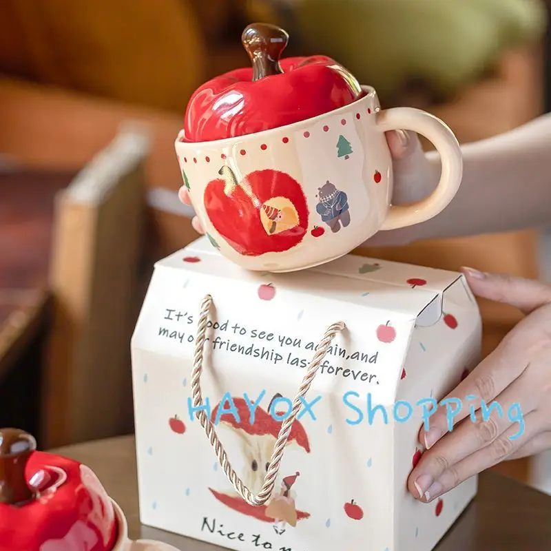Christmas Apple Ceramic Cup, Vintage Girl\'s Apple Cup with Lid and Spoon Mug，Christmas Gift Coffee Couple Milk Breakfast Mugs
