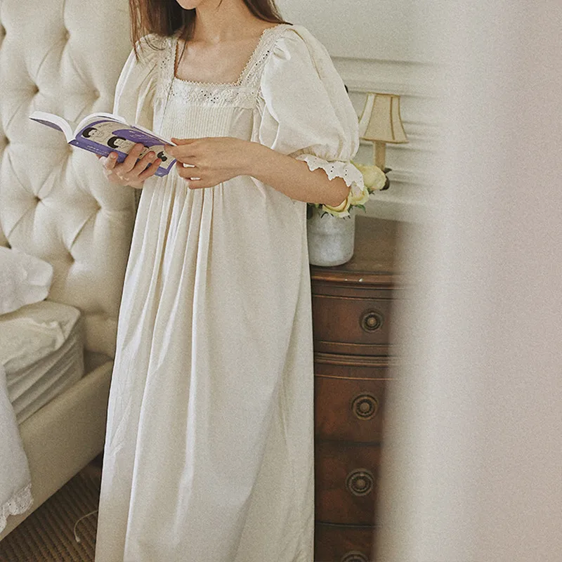 100% Cotton Princess Vintage Long Nightgowns French Embroidery Square Collar Short Sleeves Nightdress Ankle-Length Loose Nightie