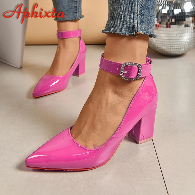 Aphixta Patent Leather Chunky Heel Pumps Black 4