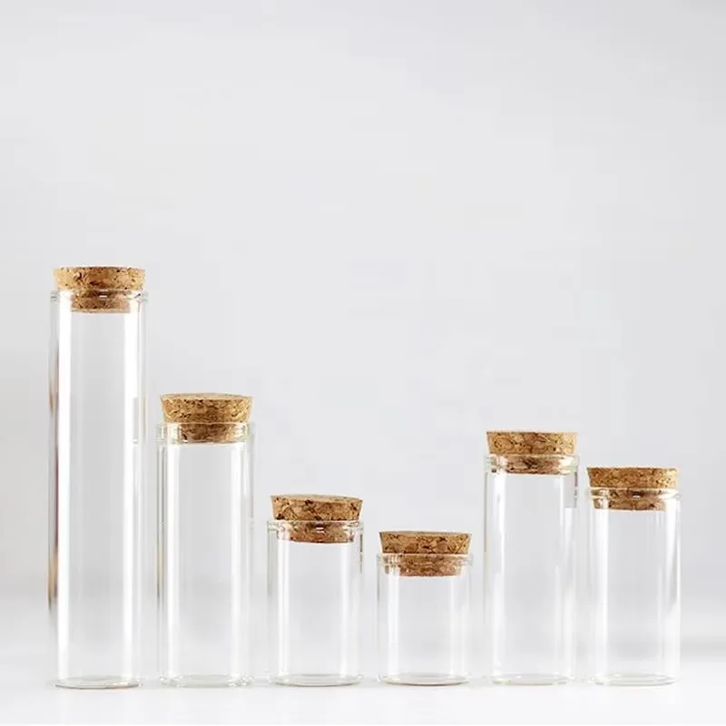 200 pièces Dia30mm 50ml 60ml Tube à essai en verre avec bouchon en liège clair plat Mini bouteilles en verre pots pour cadeaux de fête, bonbons, épices