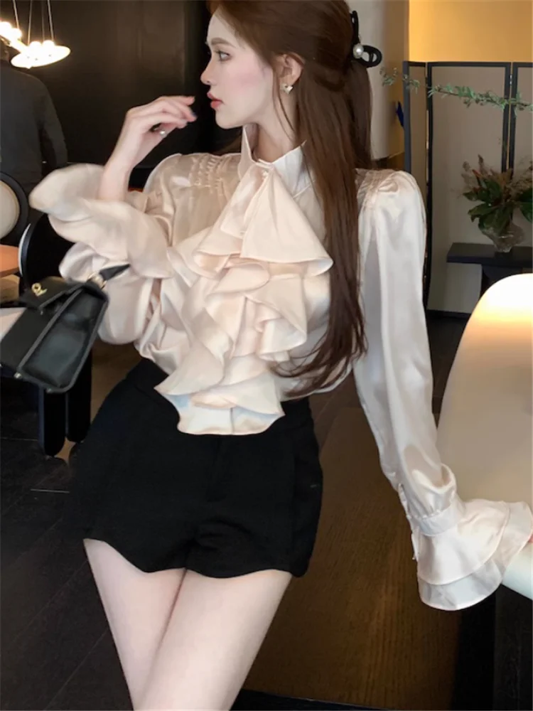 

Retro French Palace Style Ruffles Champagne Satin Shirt New Fall Stand Collar Long Flare Sleeve Blouse Luxury Celebrity Lady Top