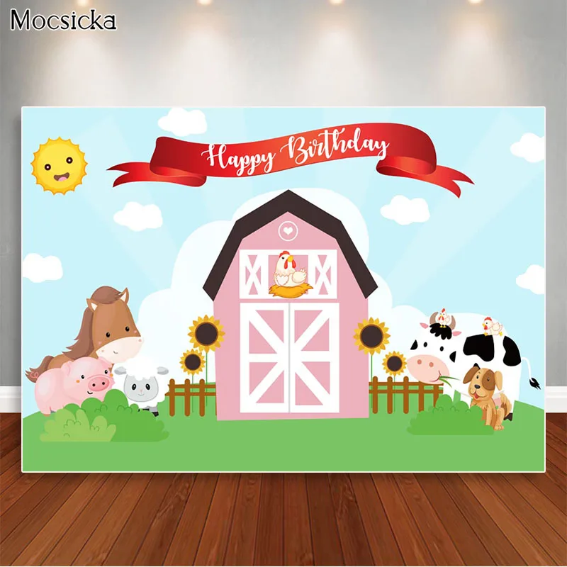 Toile de fond de fête d'animaux de la ferme rose, fond d'anniversaire pour enfants, photographie, gâteau de ferme mignon, fournitures de décorations de table