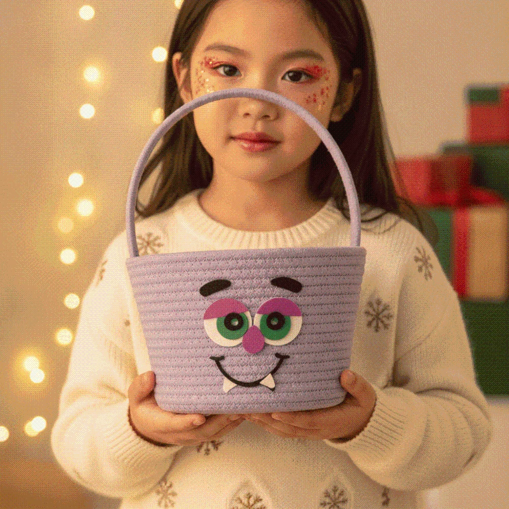 Holiday Handheld Basket Cotton Pumpkin Candy Bucket Orange Braided Halloween Rope Basket Soft Foldable Trick Treat Tote Kids