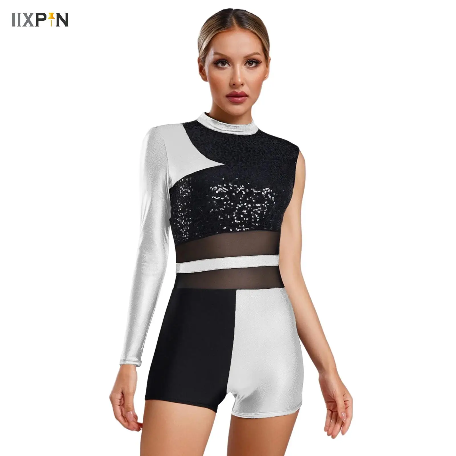 

Womens Single Sleeve Gymnastics Unitards Sequins Metallic Ballet Dance Bodysuit Acrobatics Dancewear Figure Ice Skating Leotard