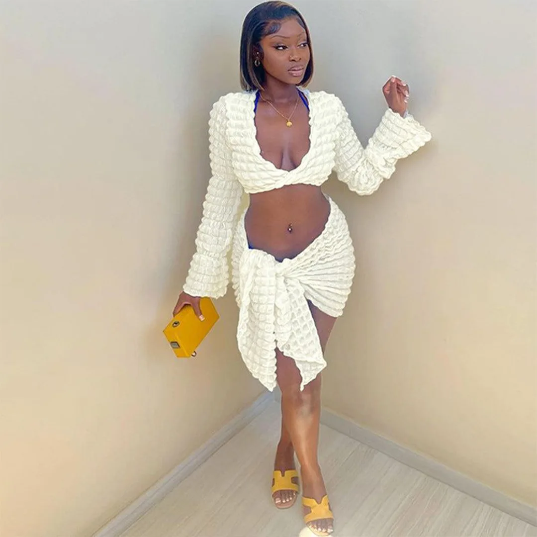 Elegant Ruched Puffy Two Piece Sets Women Solid V Neck Long Sleeve Crop Top Lace Up Mini Skirts Sexy Outfit Y2k Party Club Suit