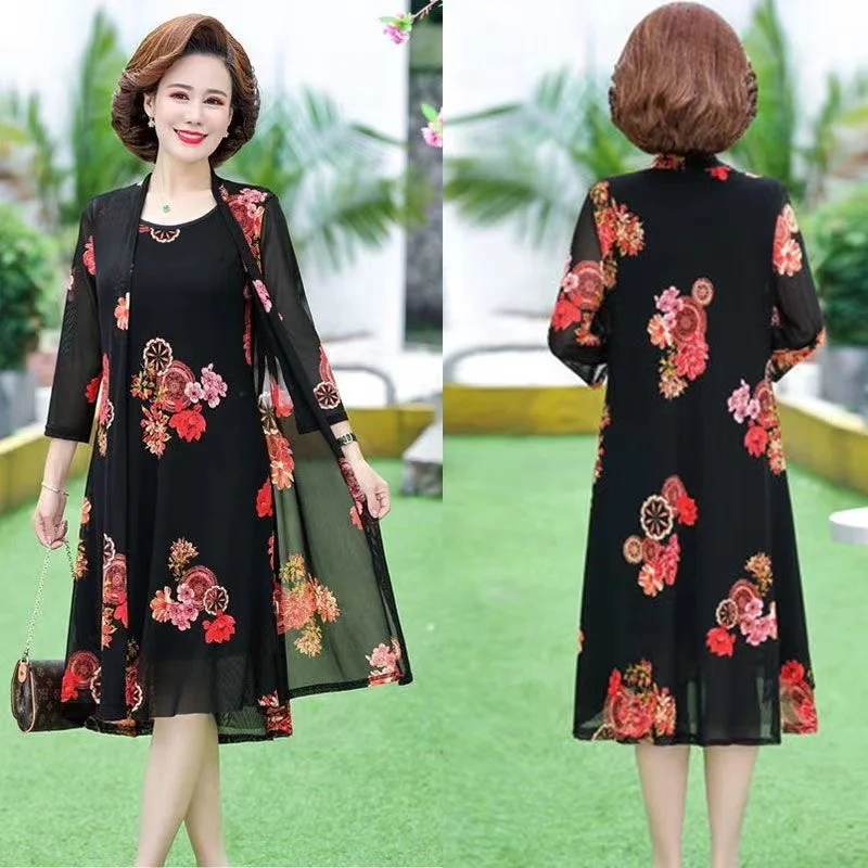 2024 Mother\'s Dress Two-Piece Middle-Aged Elderly Size 4XL Summer Wide Wife Fashion Temperament Age-Reducing Mid-Length Skirt