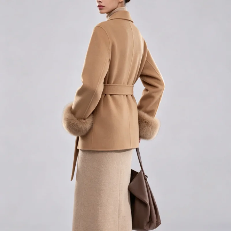 2026 Winter Detachable Fox Fur Cuff Double Face Cashmere Short Coat Camel Women Robe Style Waist Belt Warm Lightweight Outerwear