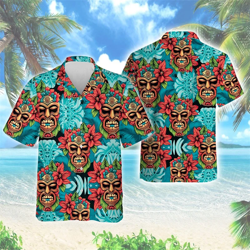 Hip Hop Hawaiian Tiki Mask 3D Printed Beach Shirt Harajuku Fashion Shirts For Men Clothes Polynesia God Short Sleeve Aloha Tops