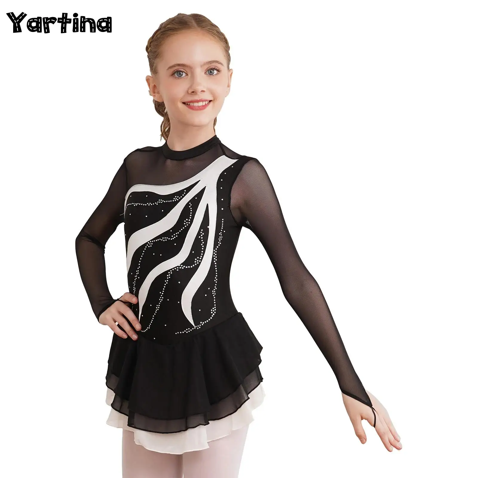 

Kids Girls Artistic Skating Ballet Tutu Dress Rhinestone Sequined Mock Neck Roller Rhythm Gymnastics Ballet Lyrical Dance Dress