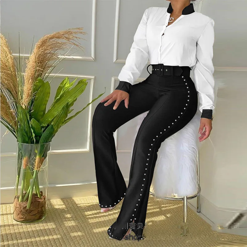 Casual donna due pezzi Set tuta moda foglia stampa camicia a maniche lunghe abbottonata e pantaloni a vita alta Set con cintura Office Lady