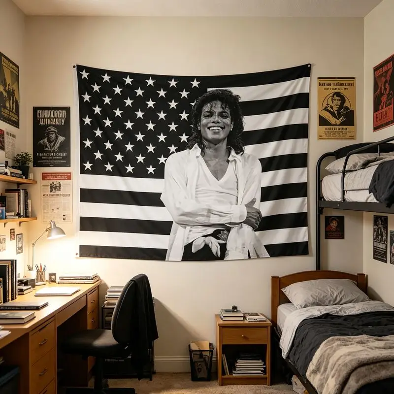 VIKAMA Michael Jackson Wandteppich mit amerikanischer Flagge, Polyester-Wandbehang für Schlafzimmer, Wohnheim, Musikzimmer, Retro-Pop-Star-Heimdekoration