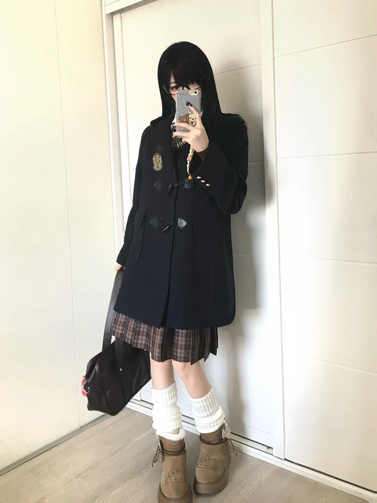 

Tokyo Annual Record JK Cotton Lined Woolen Coat Winter Hat Long Coat Bury Color College Sle Button Decoration Straight Cut