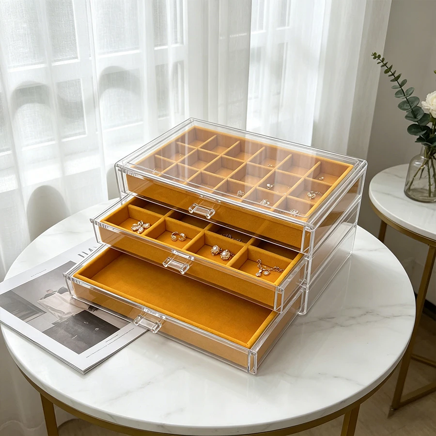 Yellow Three-Layer Jewelry Storage Box with Multiple Drawers and Transparent Compartments for Organizing Earrings, Rings and Oth