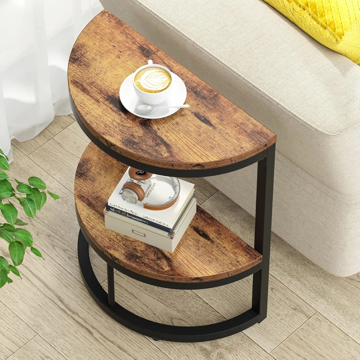 2-Tier End Table Semi Circle, Small Half Round Side Table with Storage Shelf,