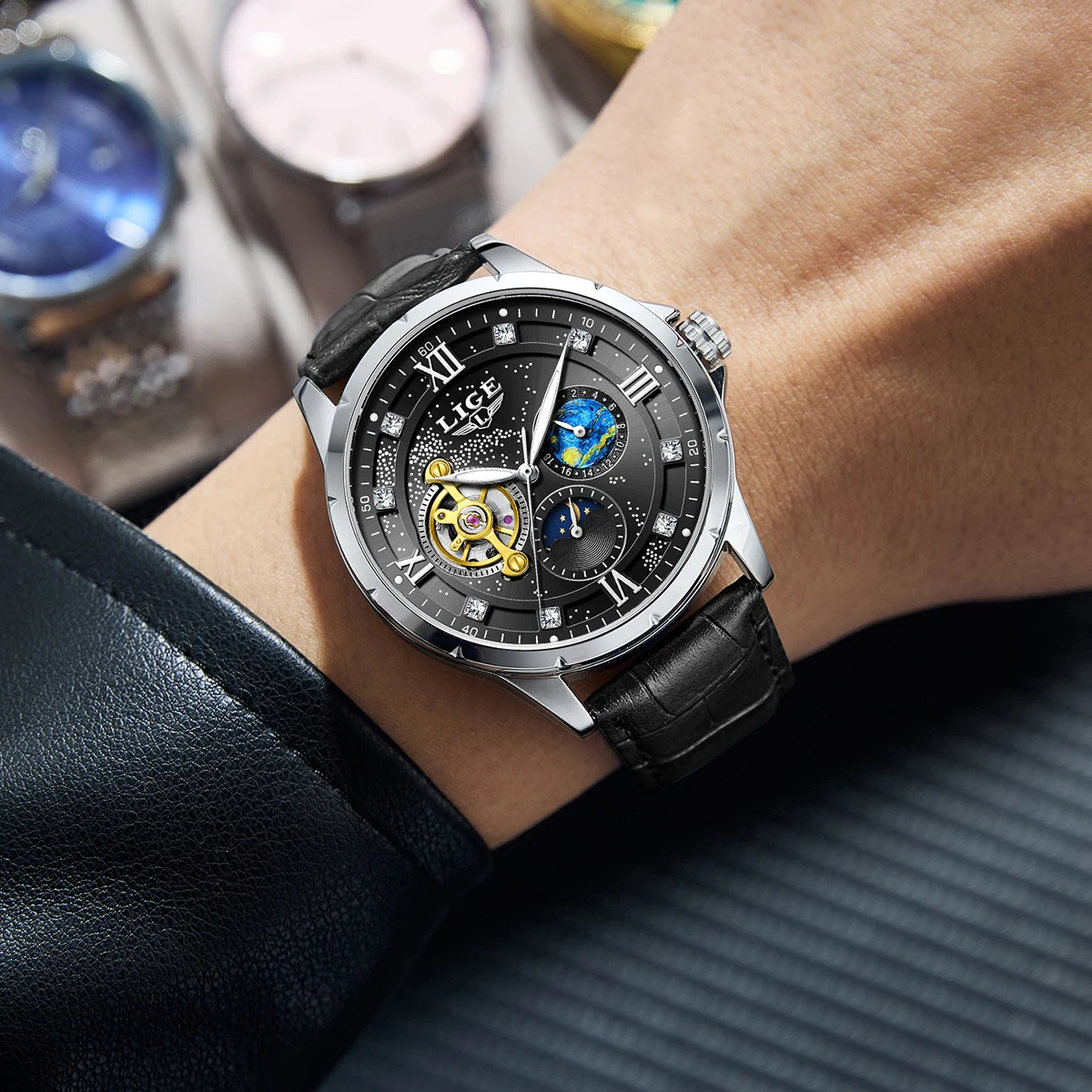 LIGE 2026 ساعة رجالي موضة عادية الأعمال مقاوم للماء ساعة ميكانيكية مضيئة الرياضة القمر المرحلة ساعة يد رجالي هدية رجالي #2