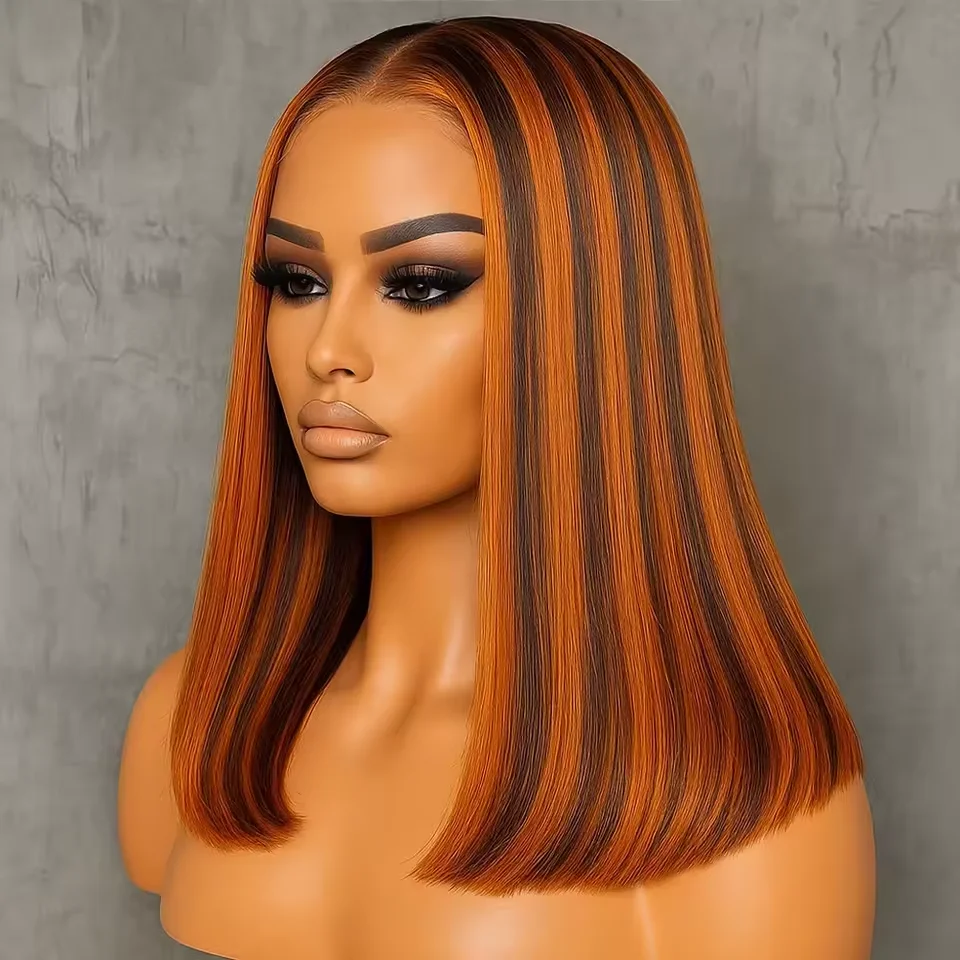 short-bob-wig-4-350-highlight-brown-ginger-orange-colored-13x4-straight-transparent-lace-frontal-wigs-human-hair-for-black-women