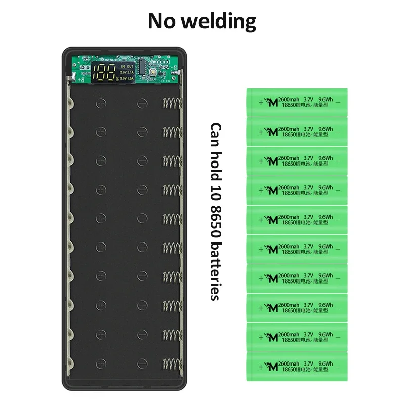PD QC3.0 Quick Charge Welding Free 10 * 18650 Battery Storage Box DIY Shell Case 18650 Battery Holder Box Dual USB Power Bank Case