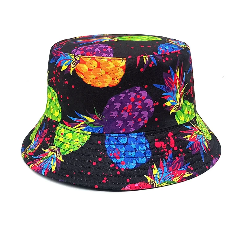 2024 Four Seasons Polyester Cartoon Pineapple Print Bucket Hat Fisherman Hat Outdoor Travel Sun Cap for Men and Women 272