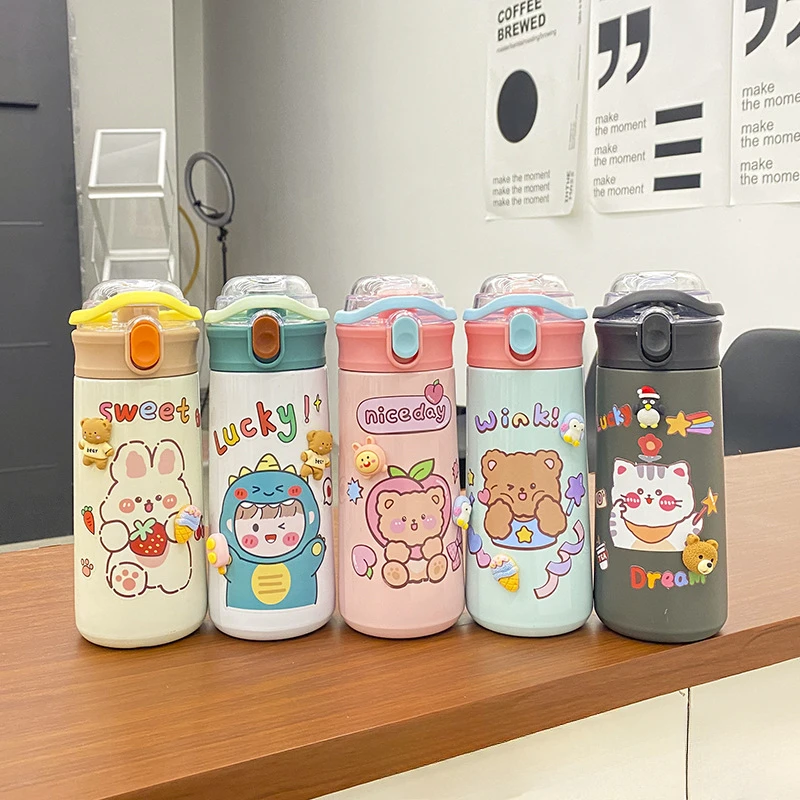 500ml Cute Cartoon Kids Thermos 304 Stainless Steel Bounce Lid Water Bottle Portable Straw Insulated Travel Cup