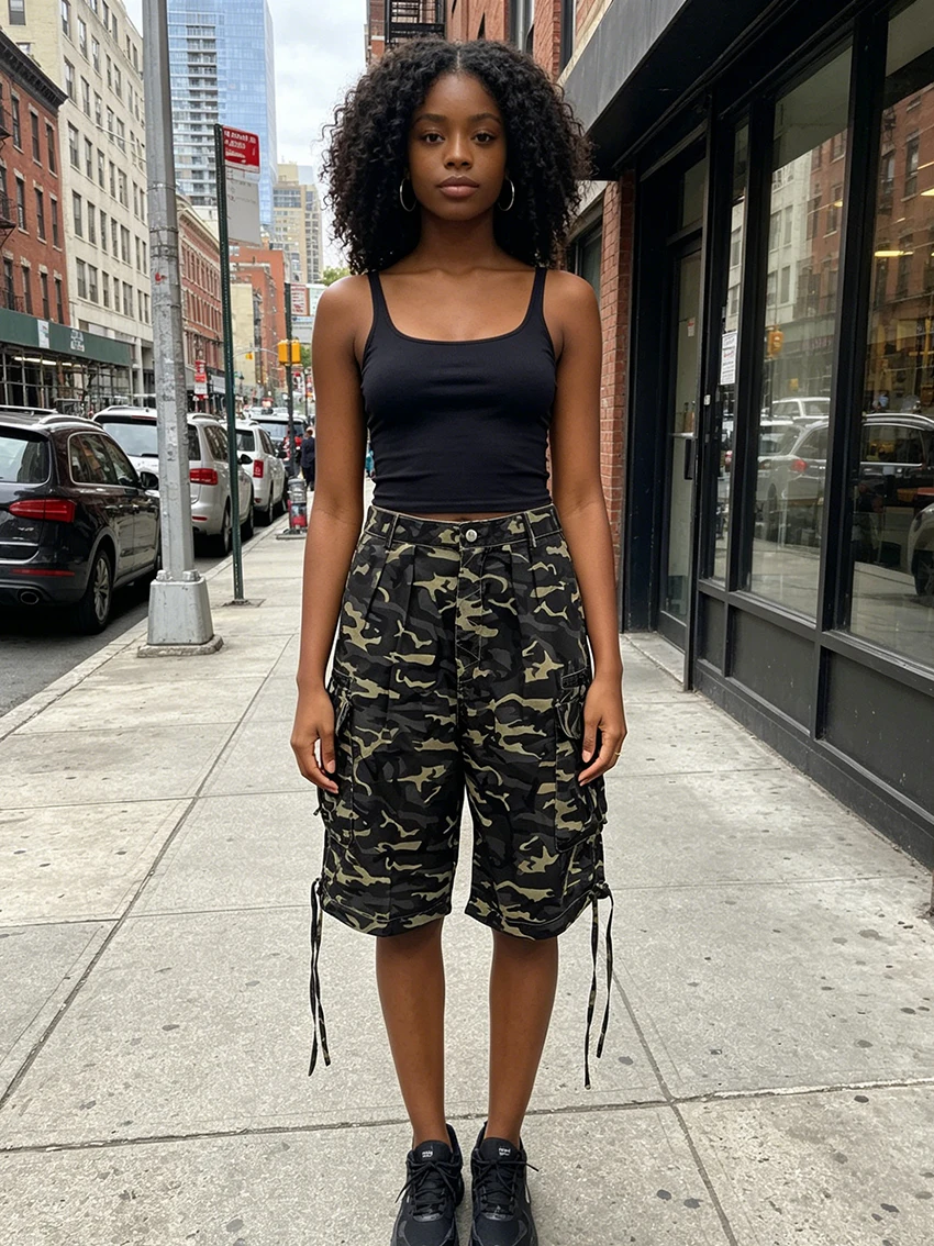 Women Y2K Fashion Camouflage Cargo Shorts with Drawstring Hem Multi Pockets Loose Fit Hip Hop Streetwear Casual Summer Bottoms