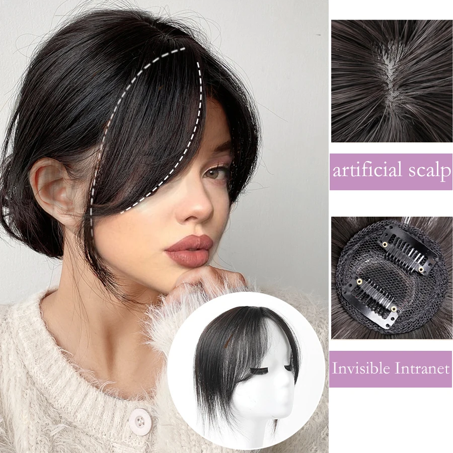 LANLAN 3D Middle-part French Bangs Hair Extension Clip in the Front Side Synthetic Fiber Air Bangs Hairpiece Hair Extension.