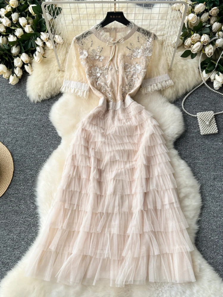 

French Elegant Party Dress Women Floral Embroidered Beads Sequins Lace Splicing Layered Mesh Dresses Ladies Vintage Long Robe