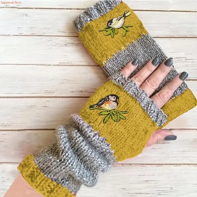 Q5WE Women Half Finger Gloves Winter Stretchy Knit Bird Embroidery Fingerless Gloves Cotton Short Hand Warmer with Thumb Hole