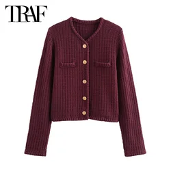 TRAF Women's Autumn Cardigan 2024 Demi-Season Cropped Sweater Top Elegant Long Sleeve Red Short Knitwear New In Outerwears