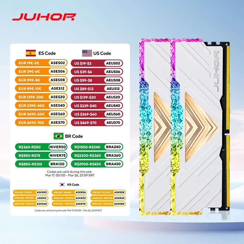 JUHOR Memoria Ram RGB DDR4 8GBX2 16GBX2 3200MHz  3600MHz Kit Dual channel Stunning Desktop Memoria Ram