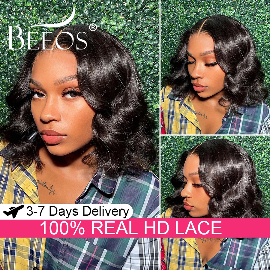 

Gluless Jet Black 5x5 HD Transparent Lace Closure Wigs Human Hair Short Body Wave Bob Wigs Wear and Go Brazilian Hair Melt Skins