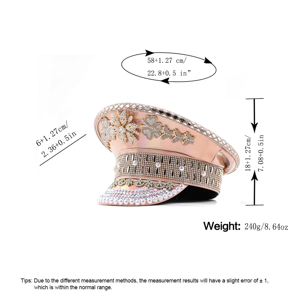 Luxury Women Pu Military Hat Sequin Burning Yacht Week Captain Sergeant Hat Rhinestone Rave Festival Bachelorette Part Hat