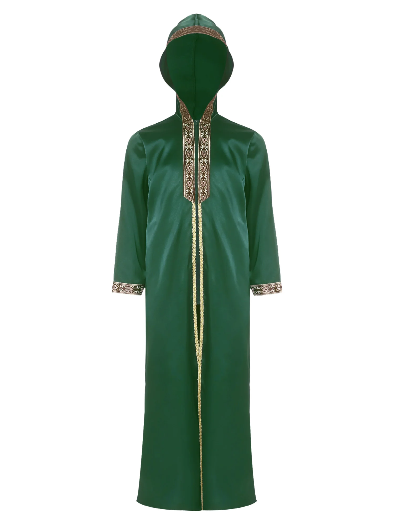 Jubah Muslim Anak Laki-laki Arab Berkerudung Lengan Panjang Resleting Bordir Emas Pita Kepang Kostum Ramadhan