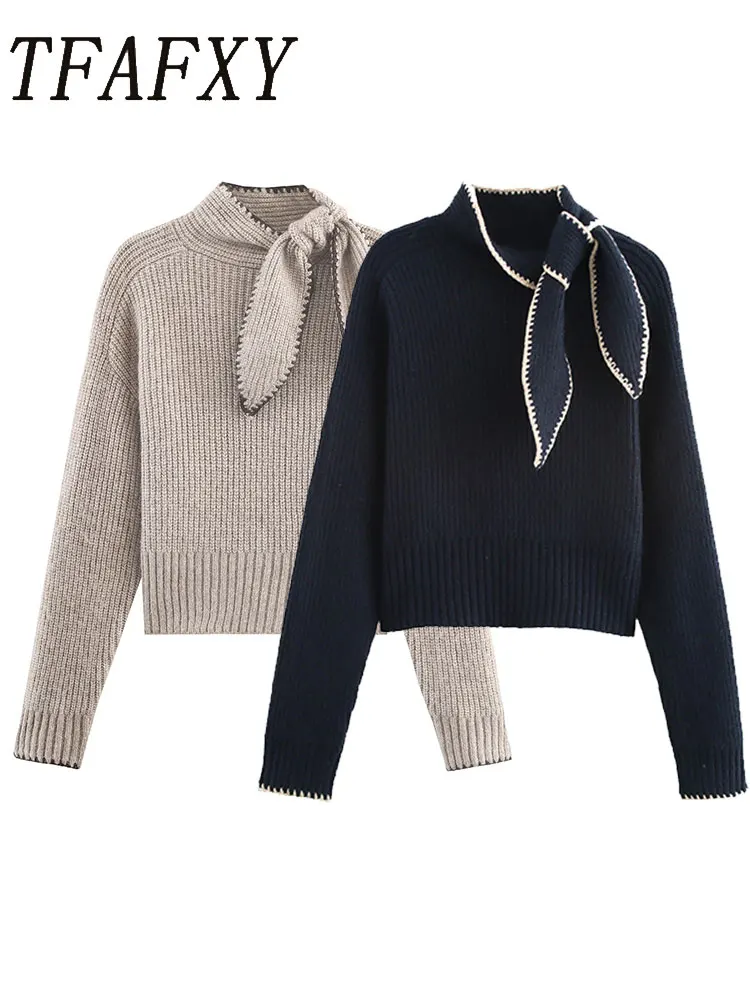 

TFAFXY Autumn Women Sweater Pullover Fashion Solid Long Sleeves Scarf Collar Pullover Women Elegant Hight Street Top Y2K