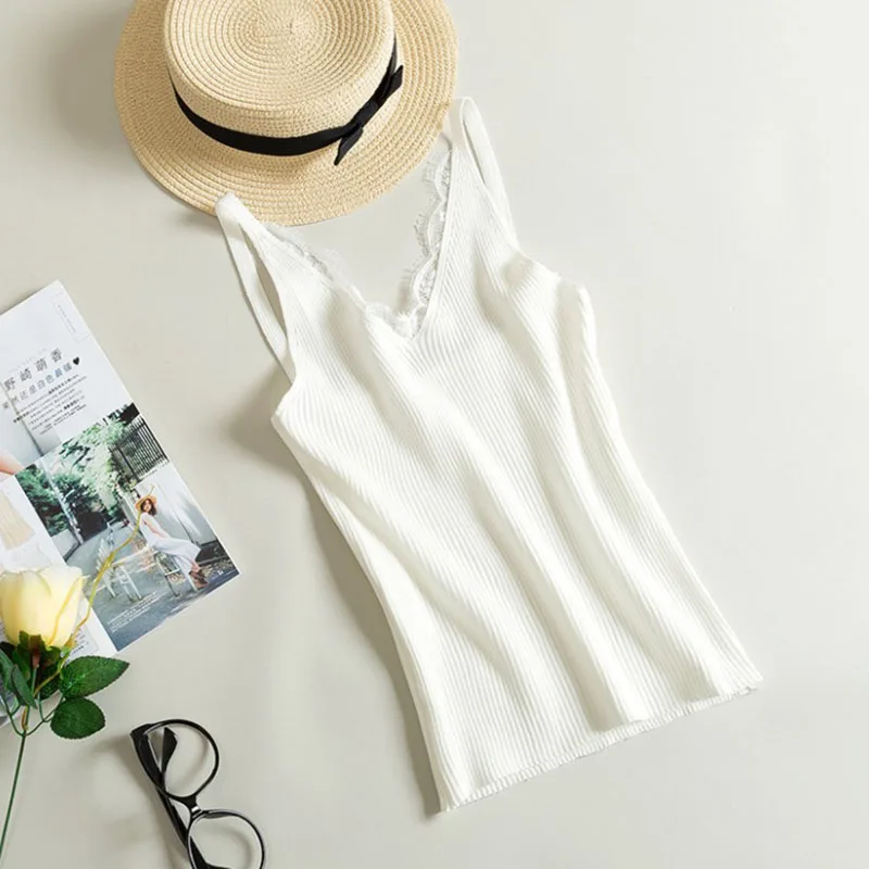 2023 Odzież damska Tank top Nowy damski koronkowy top z dekoltem w szpic z paskiem na ramiączkach z dzianiny Krótki krój Odzież wierzchnia Camis Top Tops