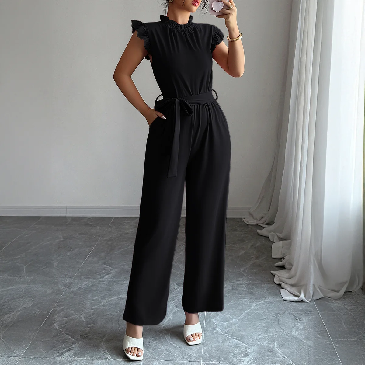 

Jumpsuits Women Beach Round Neck High Waist Casual One Piece Overalls Short Sleeve Straight Elegant Belt Rompers Pockets Y2k